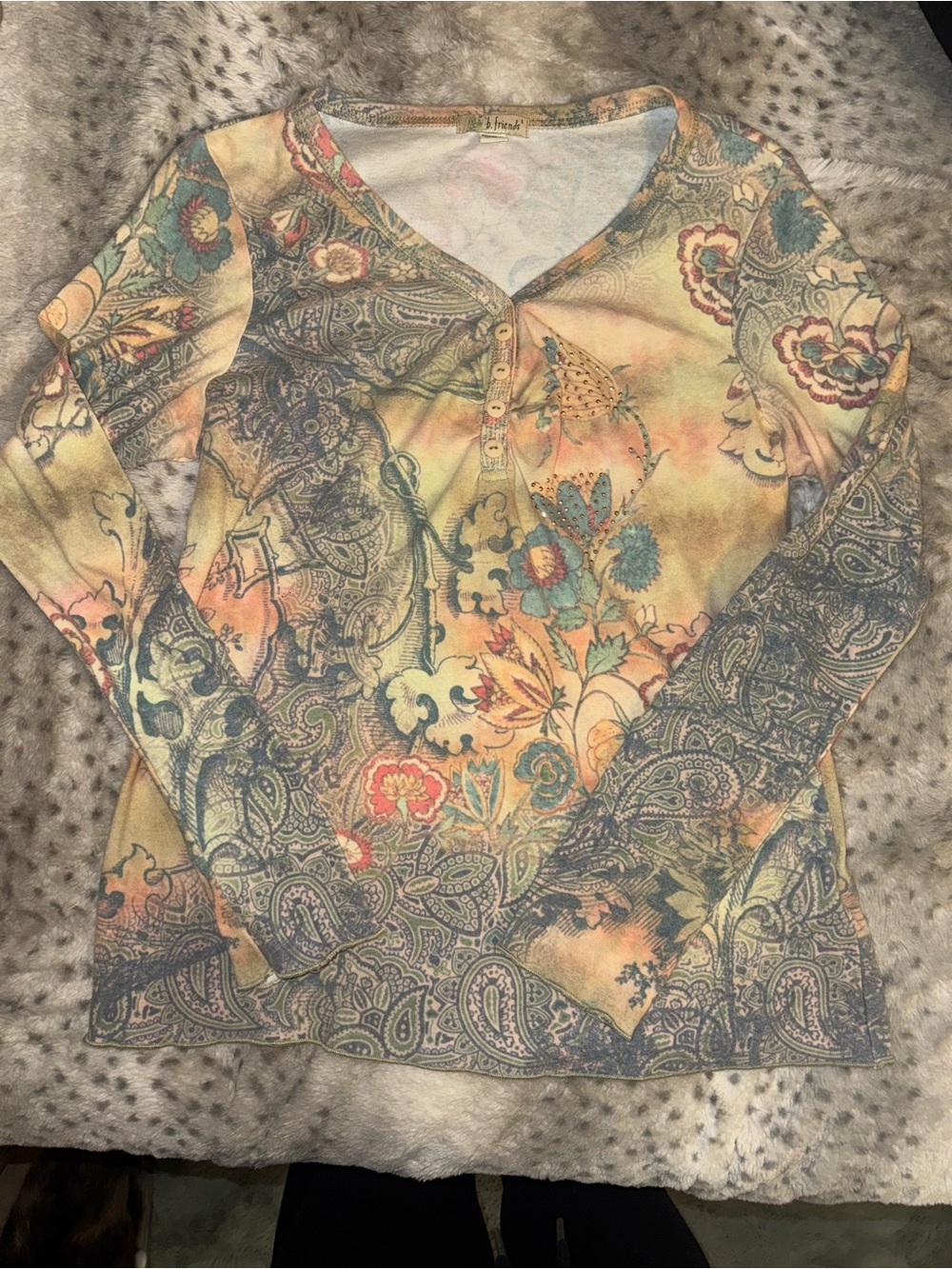 Floral Paisley Long Sleeve Henley Top in Multicolor
